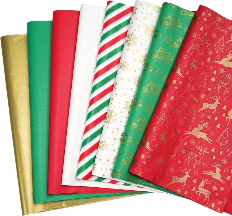 Bobobag 150 Sheets Christmas Tissue paper for Gift bags,20 x14“ Wrapping paper for Holiday decorations, 8 Festive Designs with Snowflakes, Reindeer & Gold Merry Christmas Motifs - Image 1